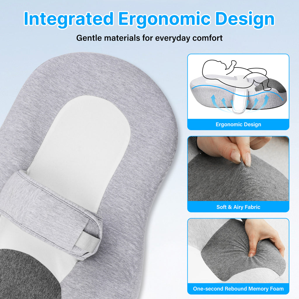 Ergonomic shape, soft fabric, and supportive foam details