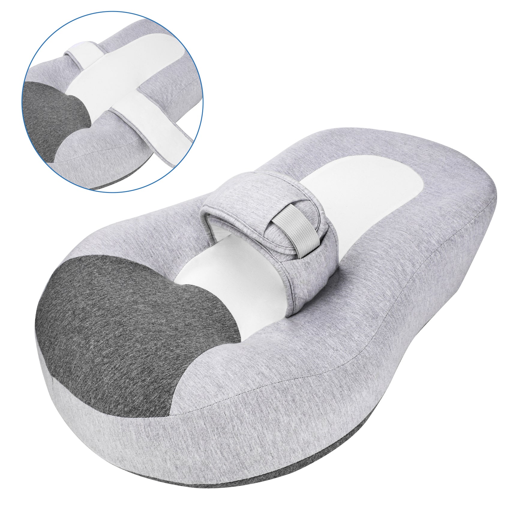Close view of the adjustable securing strap and contoured pillow