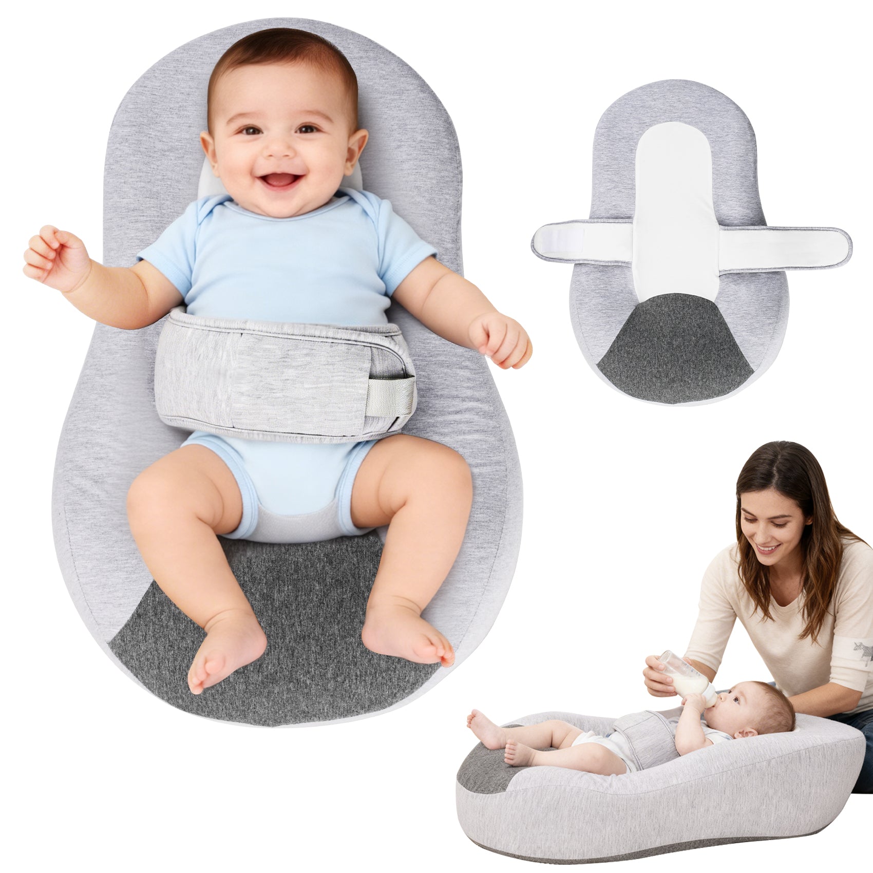 Baby positioned in the feeding support pillow while awake