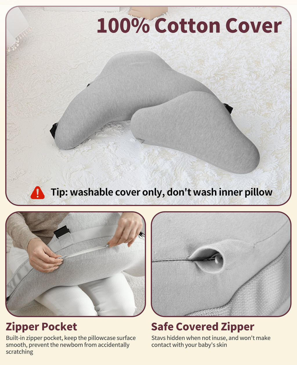 Cotton cover, covered zipper, and storage pocket care details