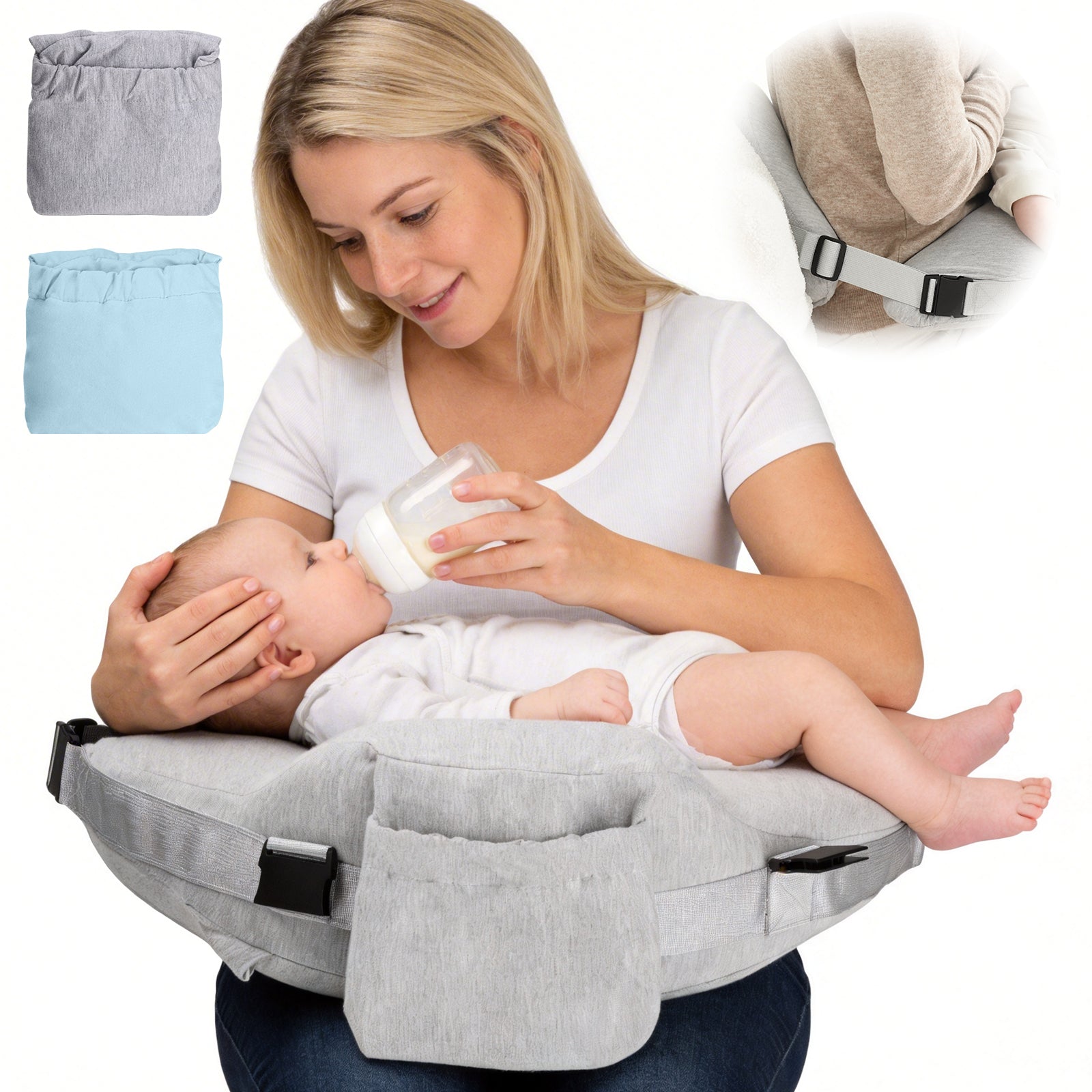 Gray nursing pillow with removable back support and two covers