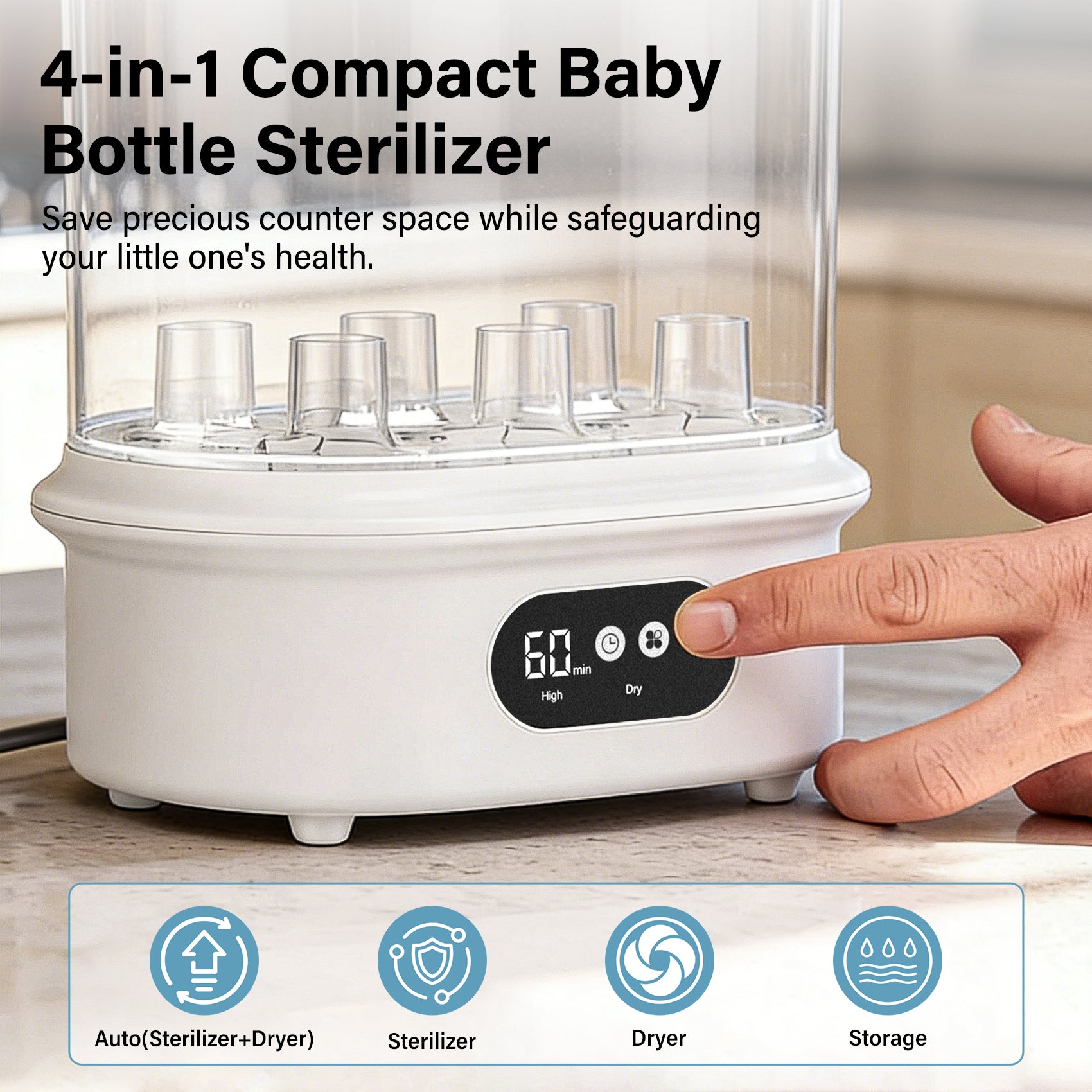 Controls for sanitize, dry, combined, and storage modes